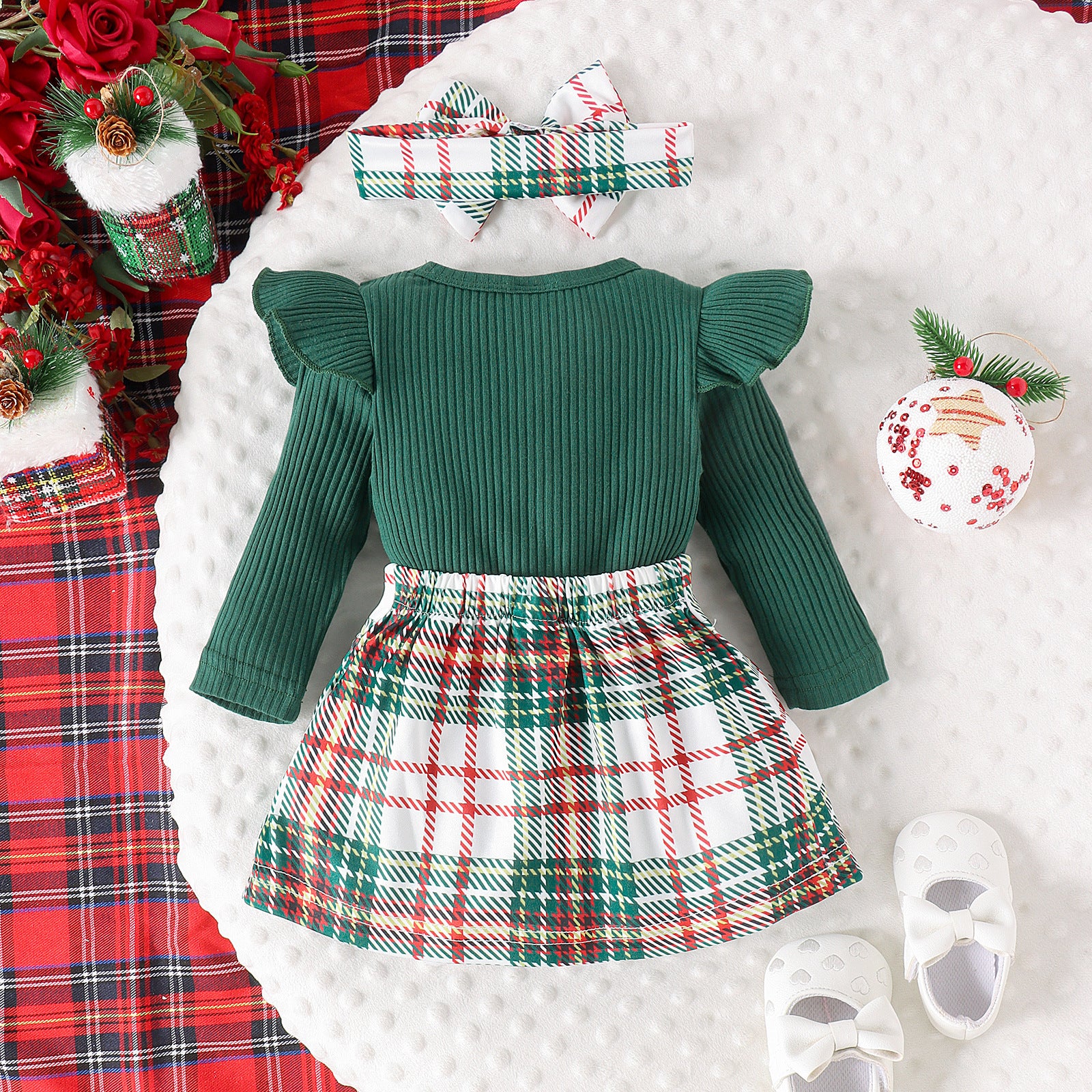 3PCS Stylish Plaid Printed Bow Long Sleeve Baby Set