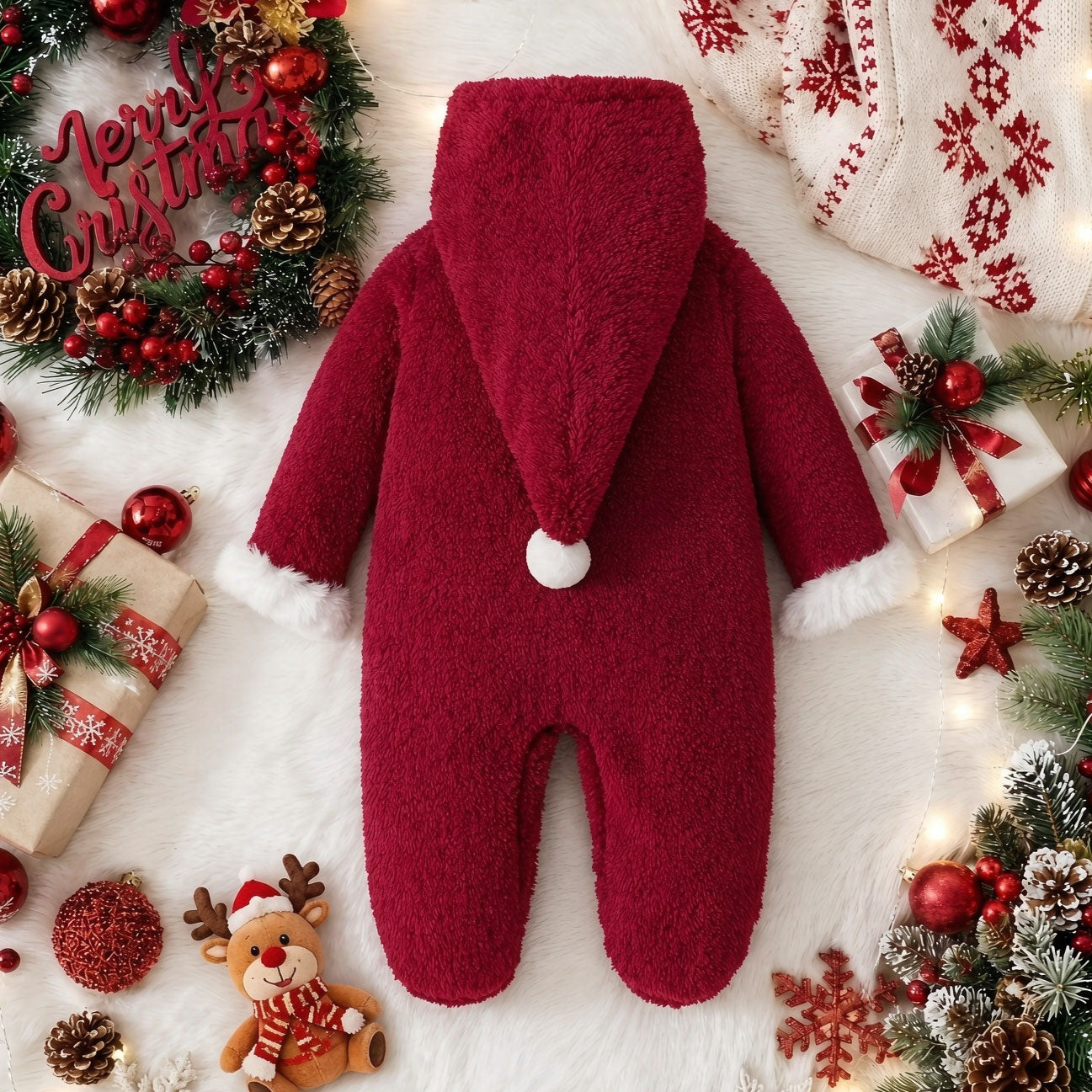 Santa Baby Letter Embroidered Long Sleeve Plush Hoodie Baby Jumpsuit