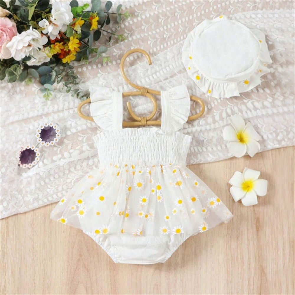 2PCS Summer Floral Embroidery Fly Sleeve Baby Romper