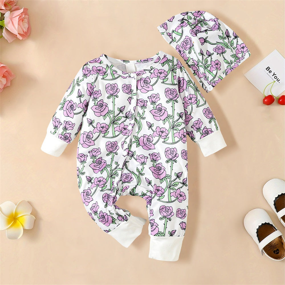2PCS Cute Floral Printed Long Sleeve Baby Girl Jumpsuit