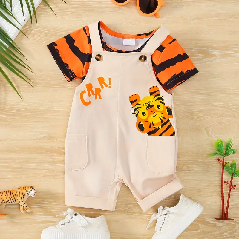 2PCS Adorable Stripe Tiger Printed Short Sleeve Baby Overalls Set