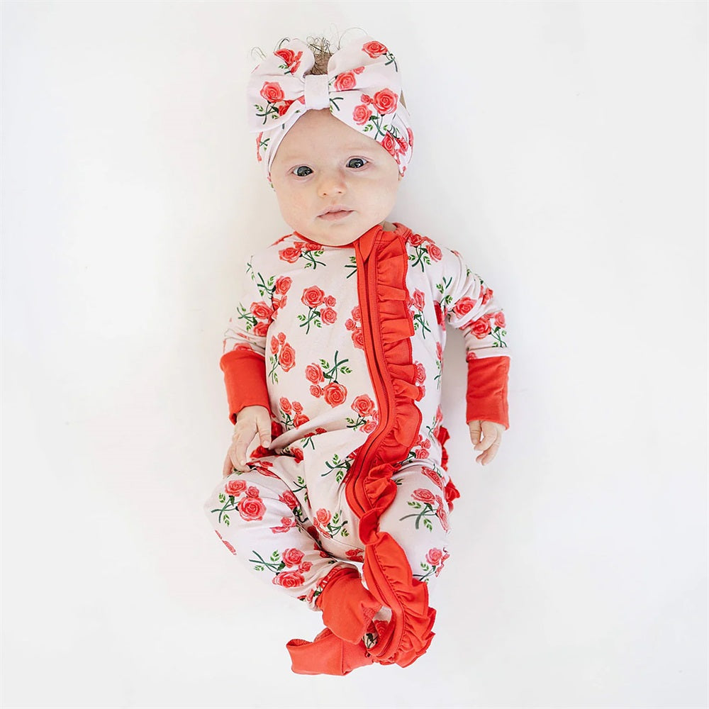 2PCS Trendy Floral Print Ruffle Long Sleeve Baby Jumpsuit