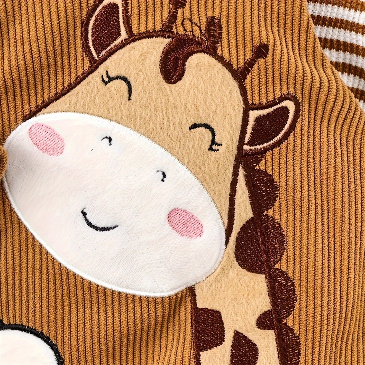Cute Giraffe Embroidery Stripe Print Long Sleeve Hoodie Baby Jumpsuit