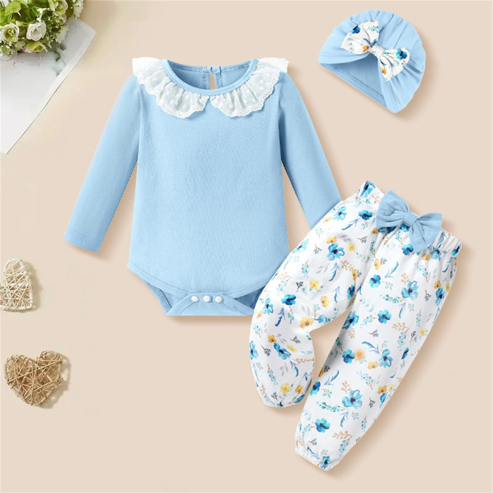 3PCS Floral Print Lace Trim Long Sleeve Baby Set