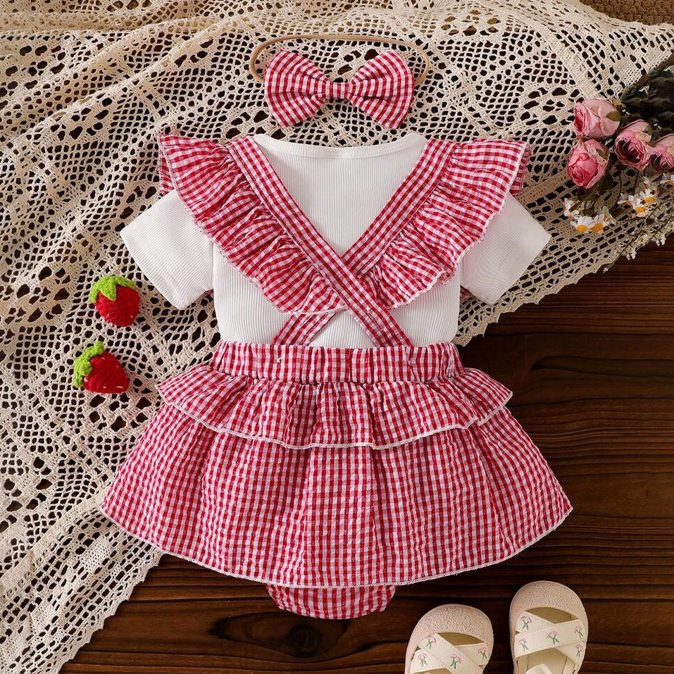 3PCS Cheerful Plaid Print Strawberry Appliqué Baby Set