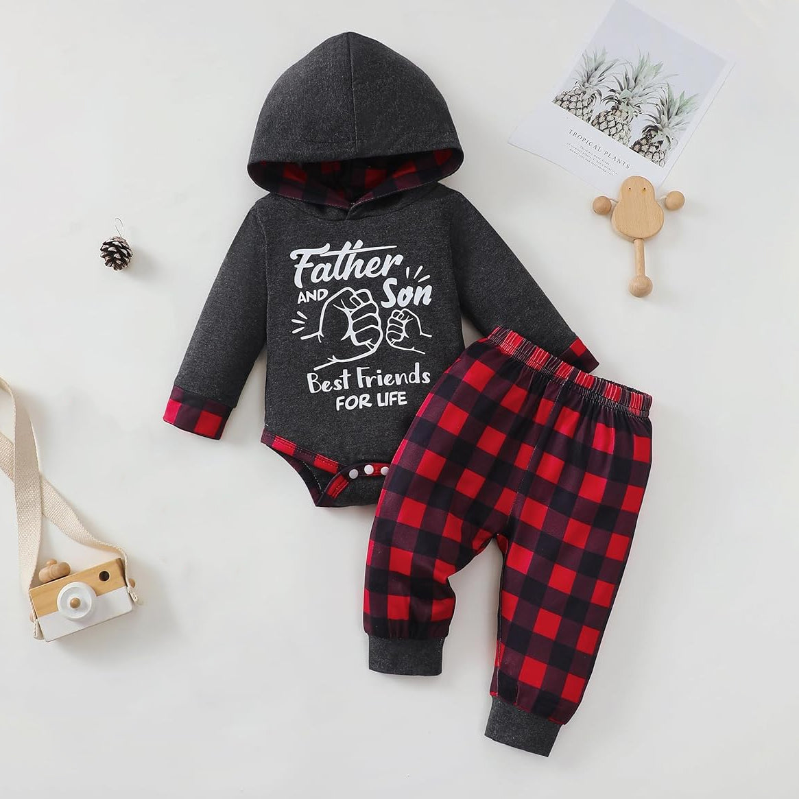 2PCS Father and Son Letter Plaid Printed Baby Set