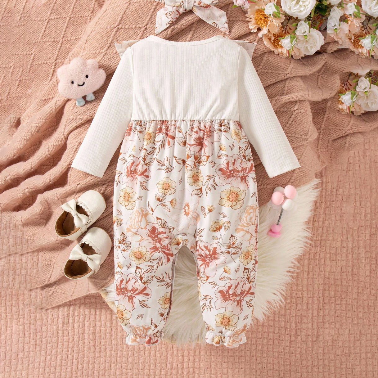 2PCS Graceful Floral Printed Bow Long Sleeve Baby Jumpsuit