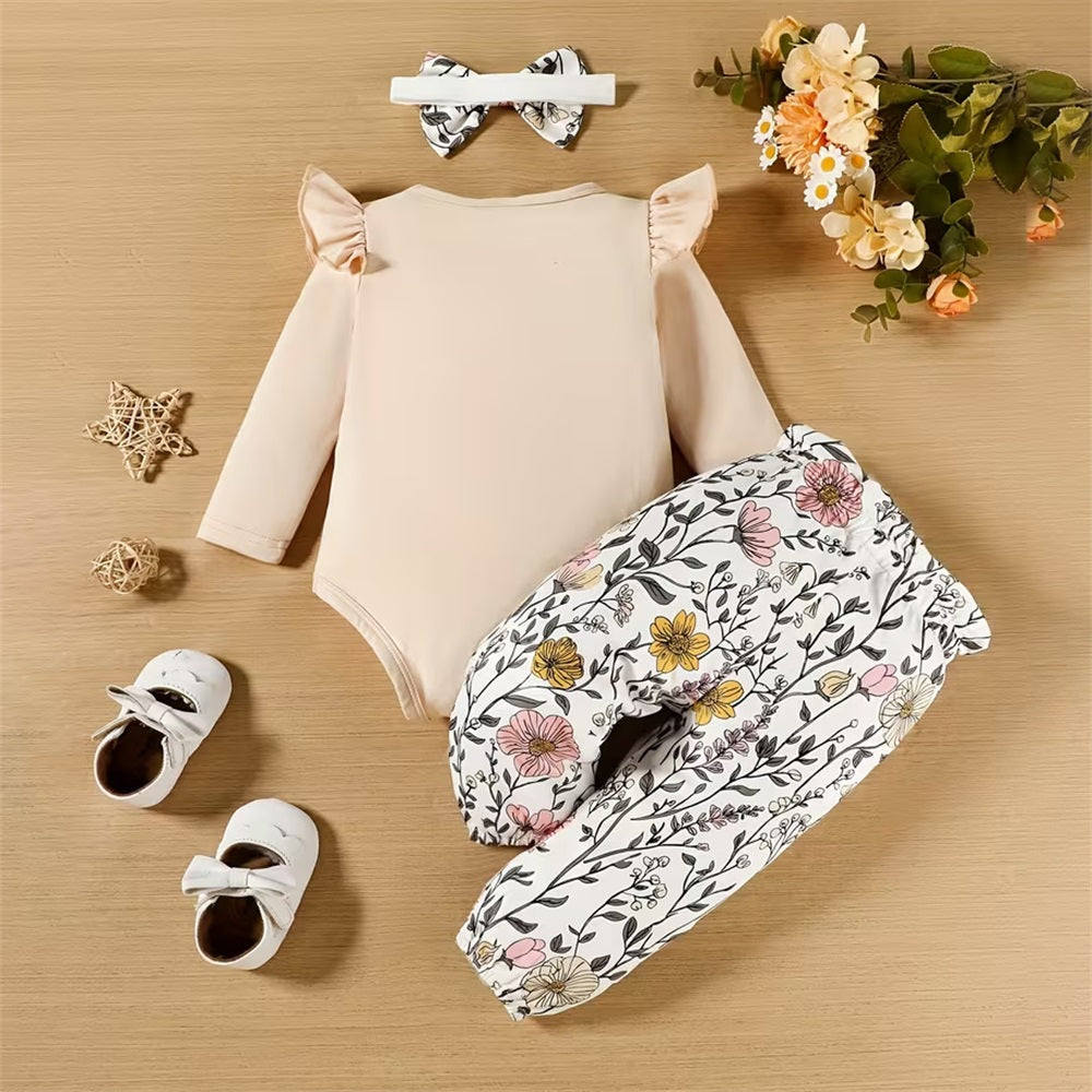 3PCS Stylish Cute Floral Print Long Sleeve Baby Girl Set