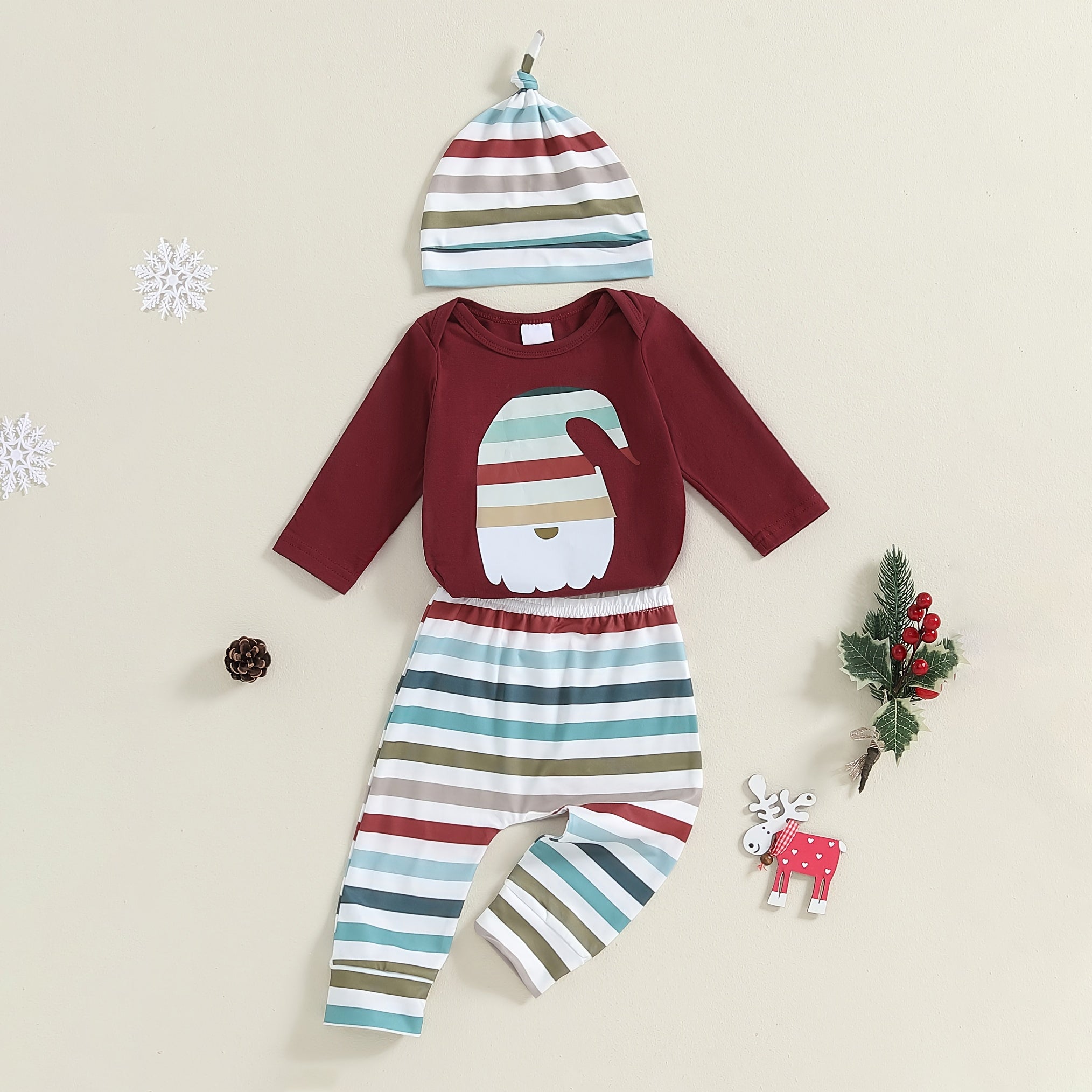 3PCS Santa Claus Stripe Printed Long Sleeve Baby Set