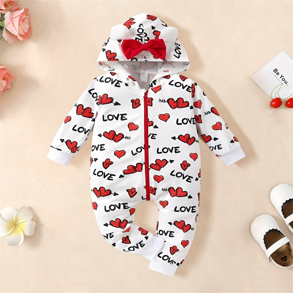 Stylish Heart Printed Long Sleeve Baby Hooded Jumpsuit