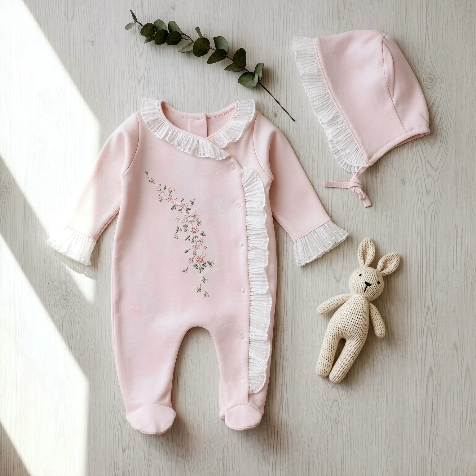 2PCS Sweet Floral Embroidery Ruffle Long Sleeve Baby Jumpsuit