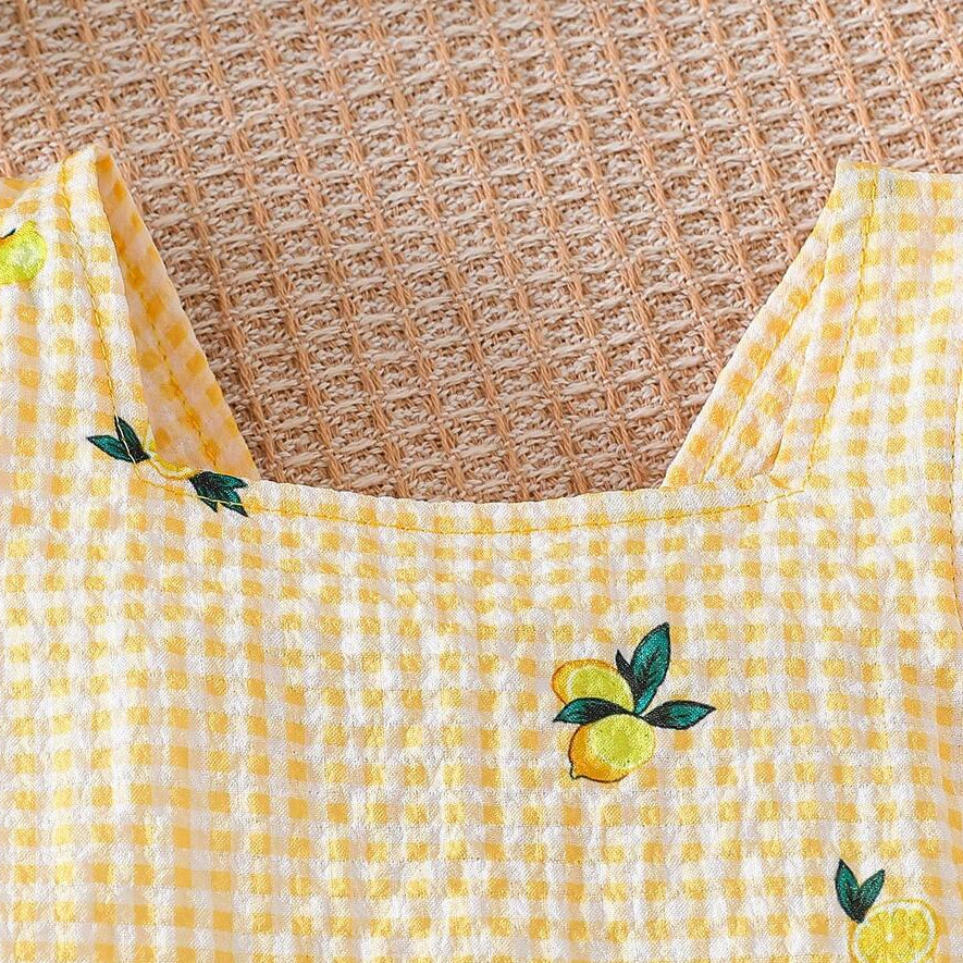 2PCS Fresh Lemon & Plaid Print Flutter Sleeve Baby Jumpsuit