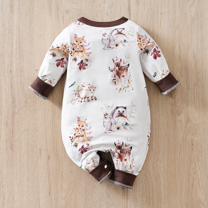 Casual Animals Printed Long Sleeve Baby Jumpsuit