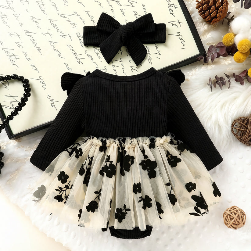2PCS Elegant Floral Appliqué Tulle Long Sleeve Baby Romper