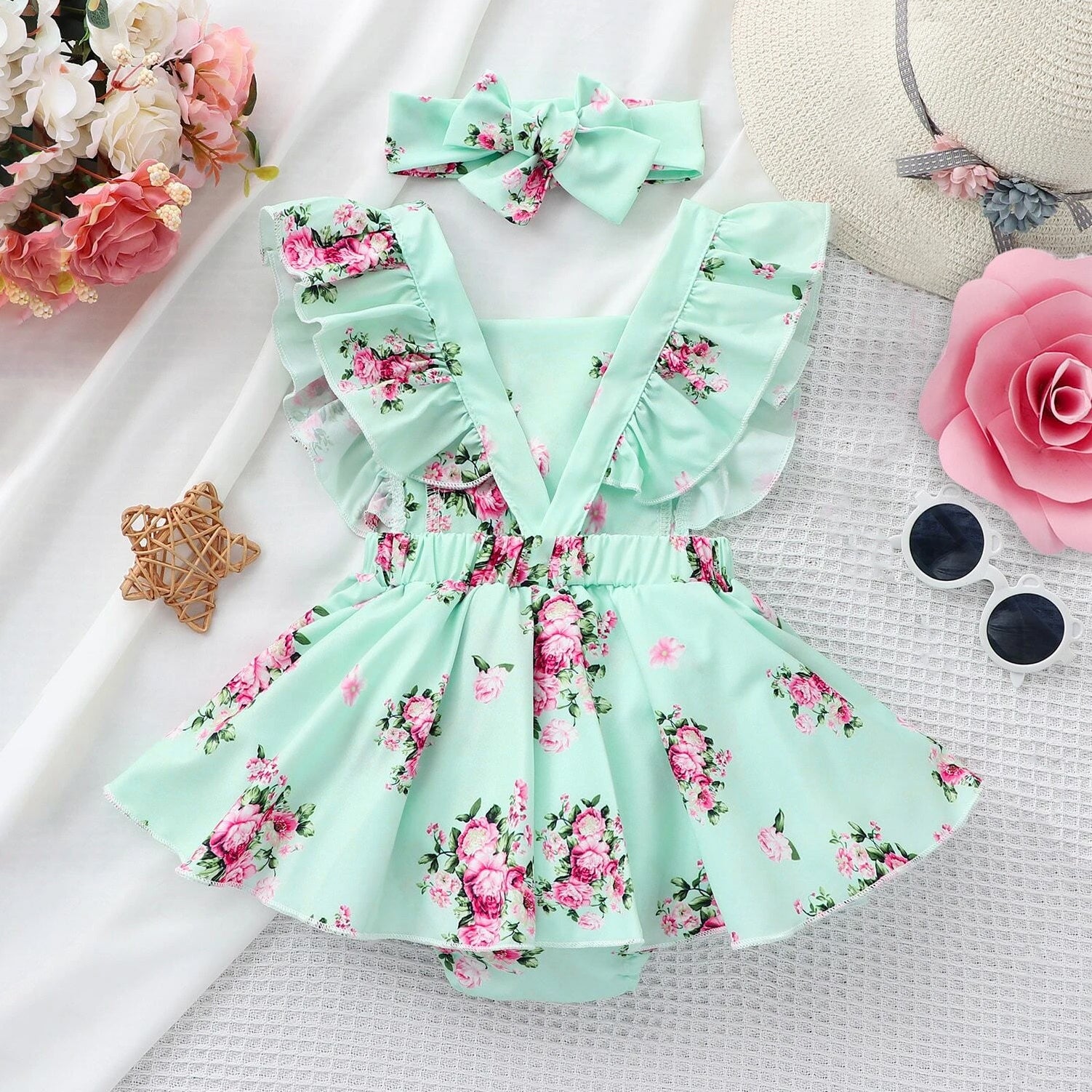 2PCS Darling Allover Floral Printed Sleeveless Baby Romper