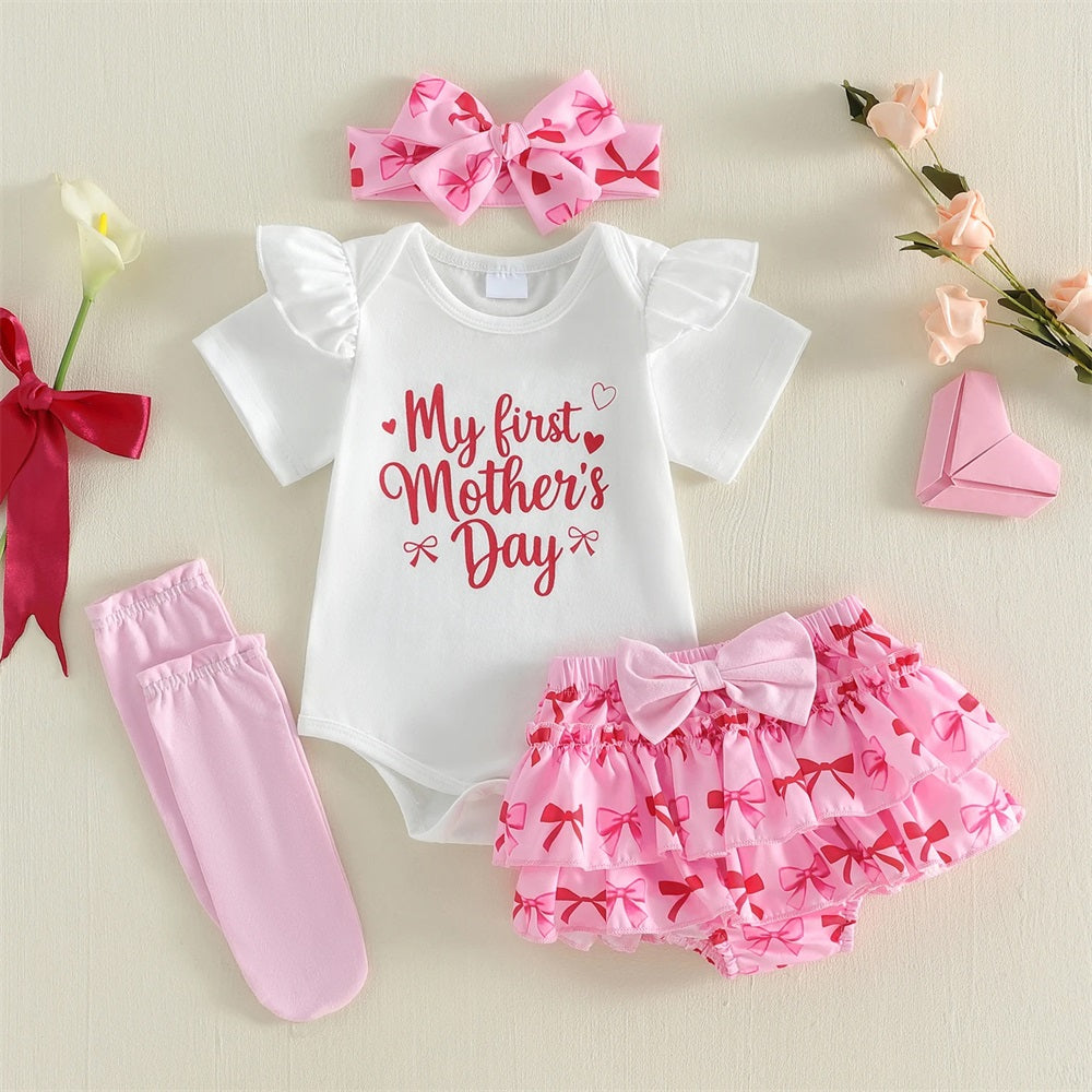 4PCS My First Mother's Day Letter Bow Printed Short Sleeve Baby Set