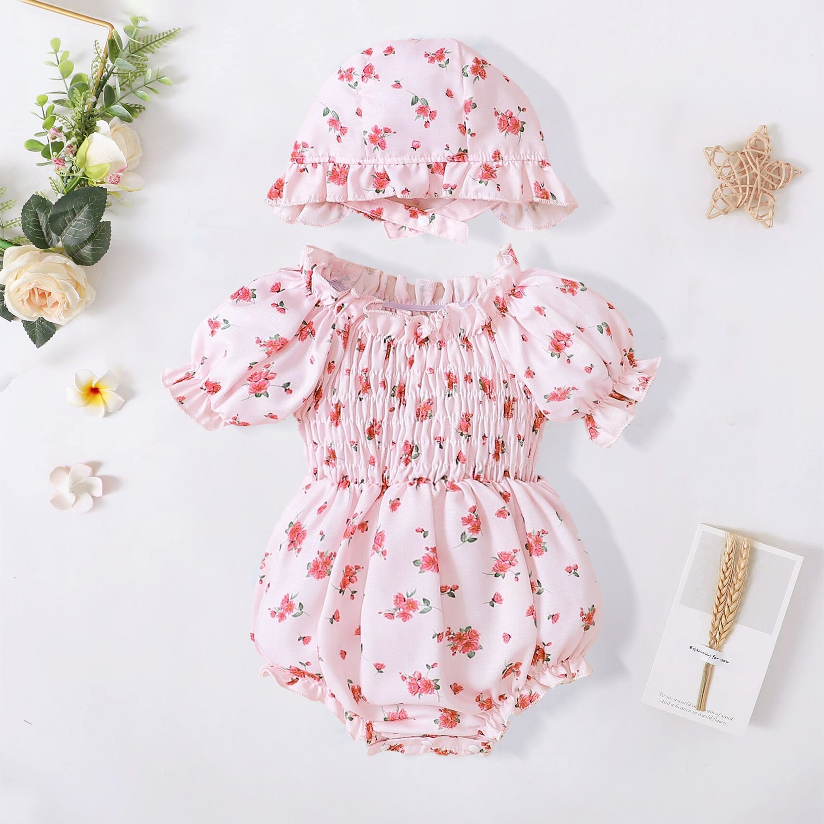 2PCS Sweet Allover Floral Printed Short Sleeve Baby Romper