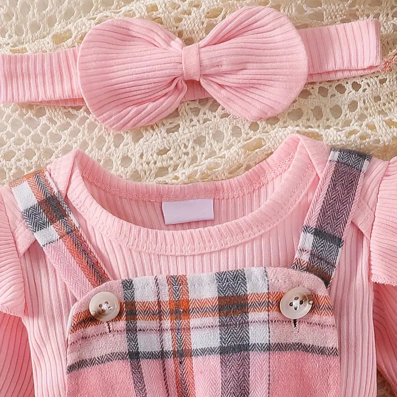 3PCS Sweet Plaid Printed Bowknot Long Sleeve Baby Set