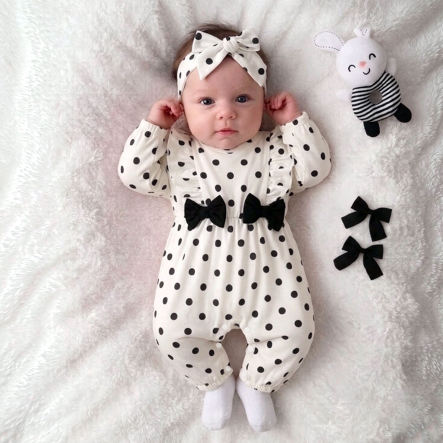 2PCS Quirky Polka Dots Printed Long Sleeve Baby Jumpsuit