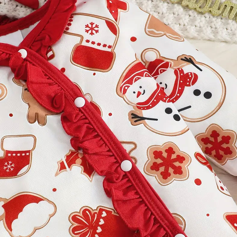 2PCS Cute Christmas Pattern Print Long Sleeve Baby Girl Jumpsuit