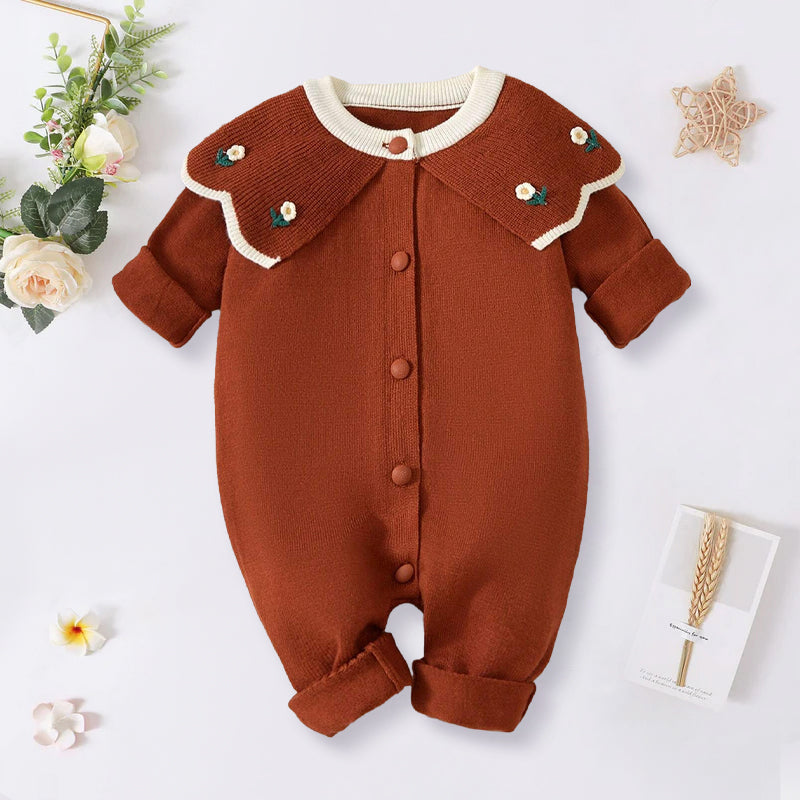 Lovely Solid Color Floral Embroidery Knit Long Sleeve Baby Jumpsuit