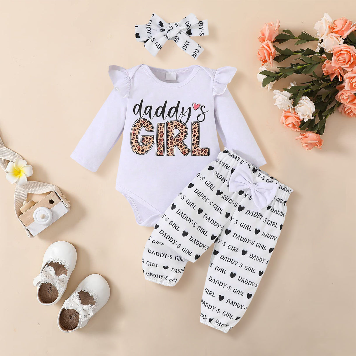 3PCS Daddy's Girl Letter Printed Ruffle Long Sleeve Baby Set