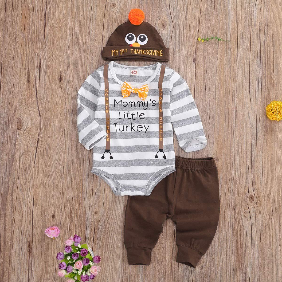 Ensemble 3 pièces "Mommy's Little Turkey" avec lettres imprimées et pantalons pour bébé