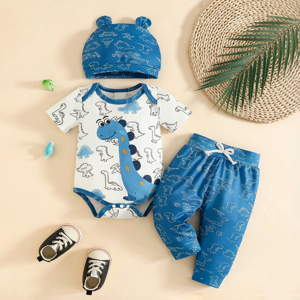 3PCS Cute Dinosaur Print Short Sleeve Baby Boy Set