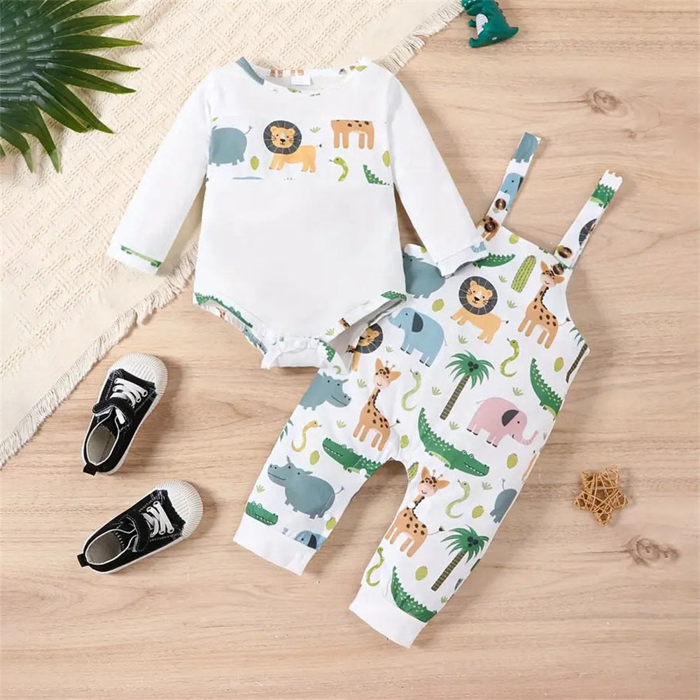 2PCS Cute Animal Print Long Sleeve Baby Overalls Set