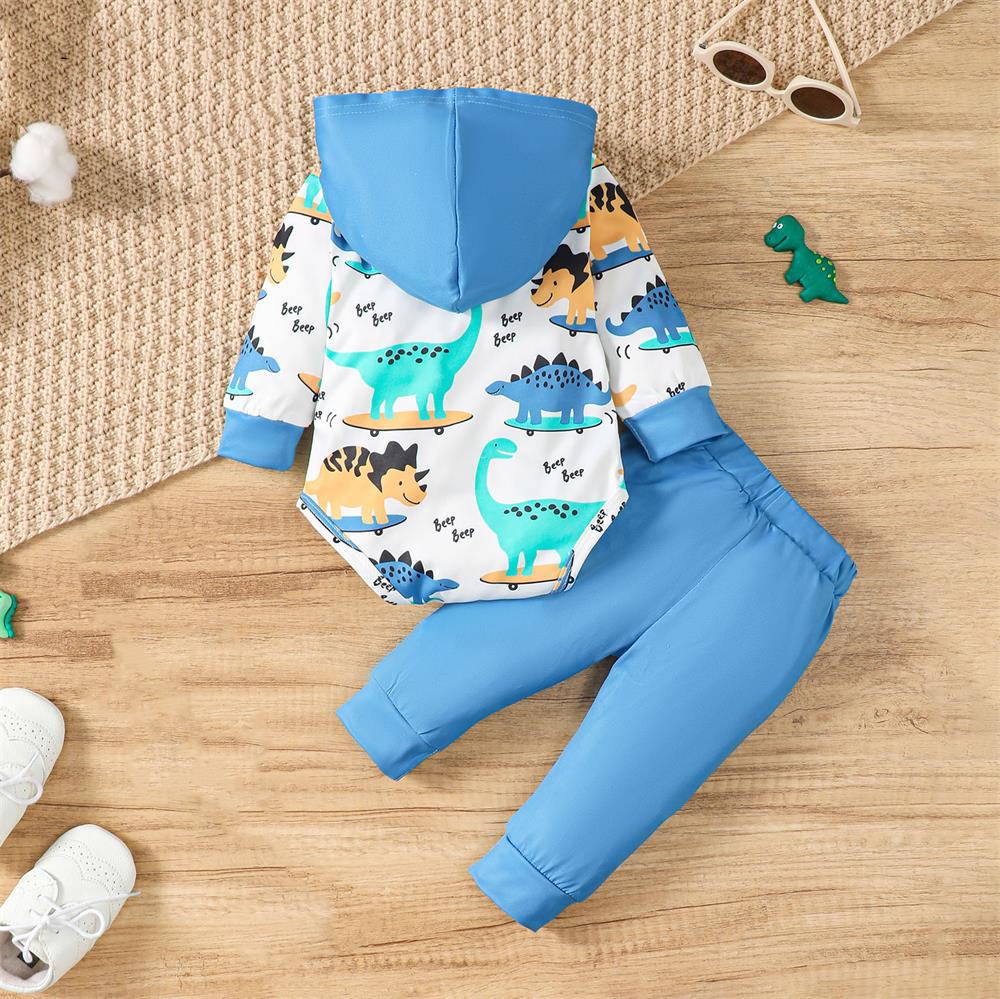 2PCS WILD BOY Letter Dinosaur Print Long Sleeve Hooded Baby Set
