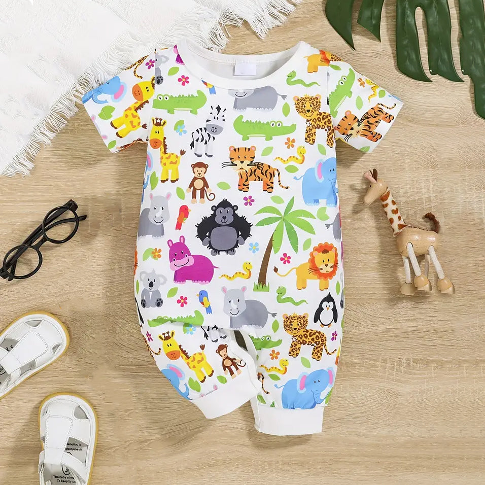 Cute Colorful Animal Printed Short Sleeve Baby Jumpsuit