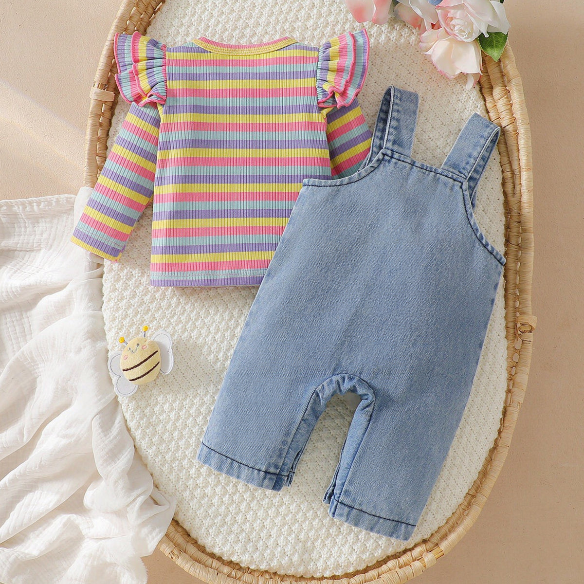 2PCS Chic Floral and Animal Print Long Sleeve Denim Baby Overalls Set