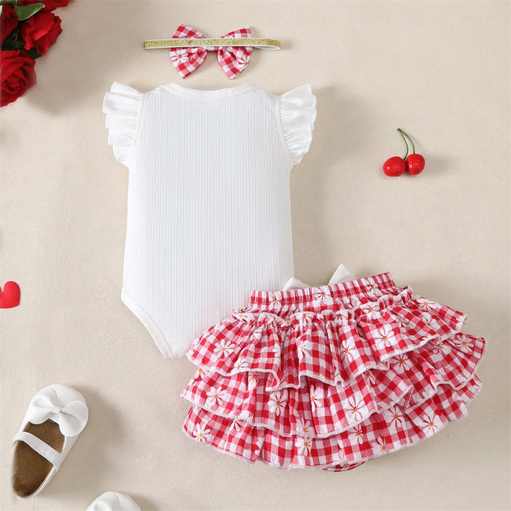 3PCS I'm Daddy's Girl Letter Floral Printed Plaid Fly Sleeve Baby Set