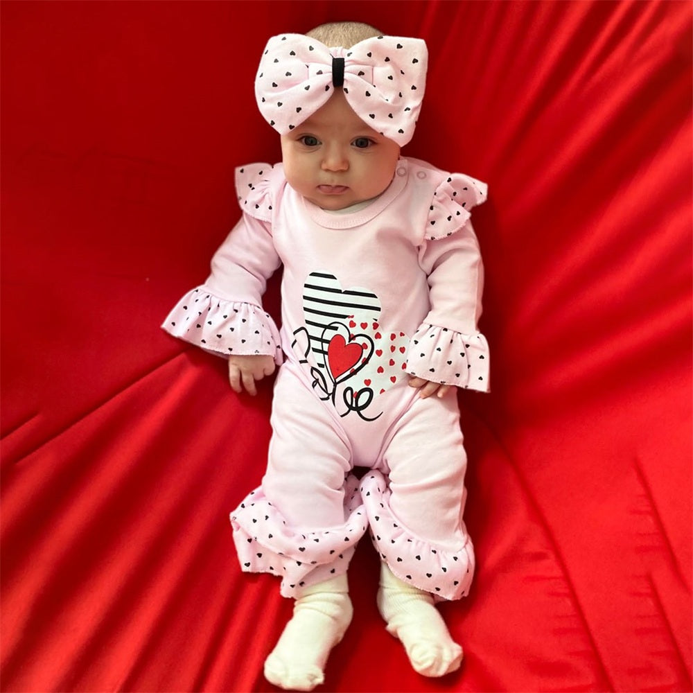 2PCS Love Letter Heart Long Sleeve Ruffle Baby Jumpsuit