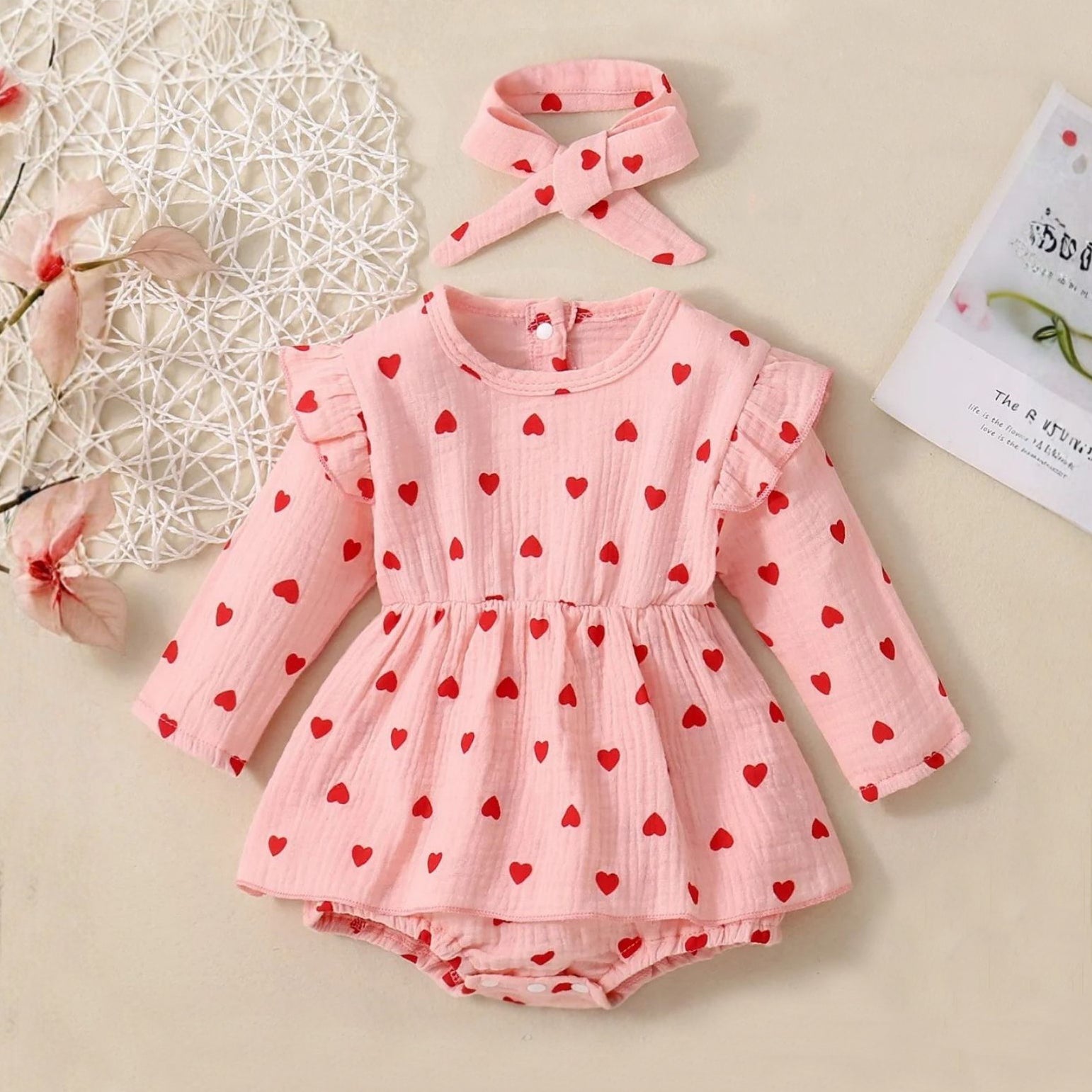 2PCS Grace Heart Print Long Sleeve Baby Romper