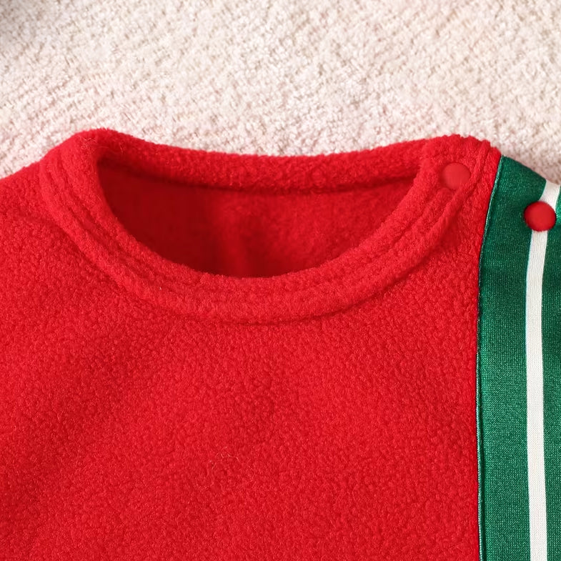 Color Block Holiday Print Fleece Long Sleeve Baby Jumpsuit
