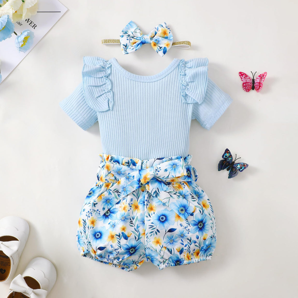 3PCS Pretty Floral Printed Ruffle Trim Short Sleeves Baby Set