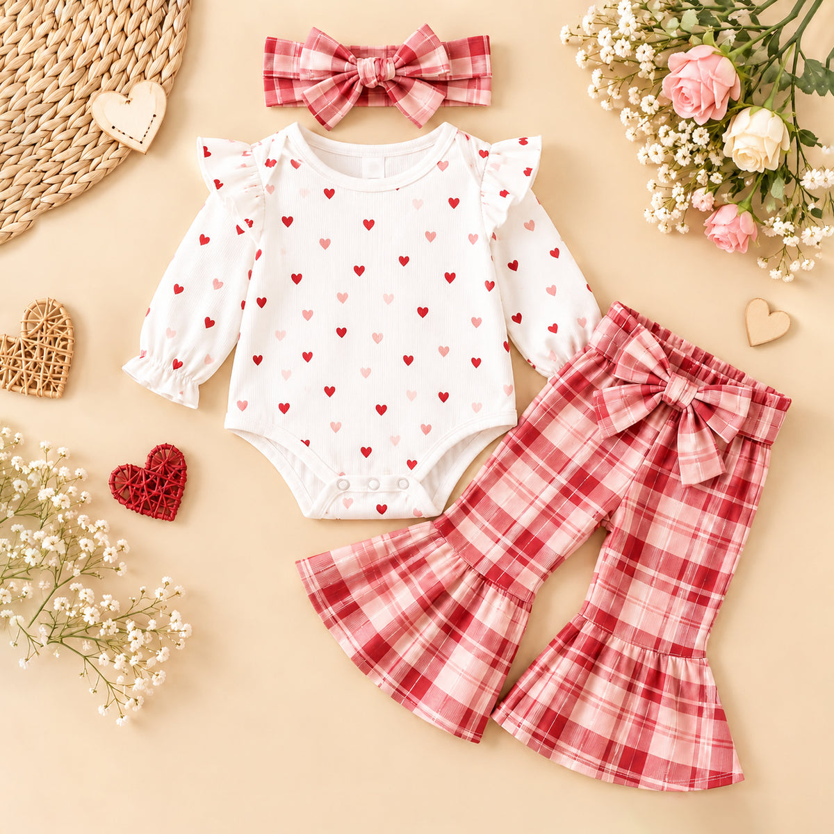 3PCS Chic Heart Plaid Print Bow Long Sleeve Baby Girl Set