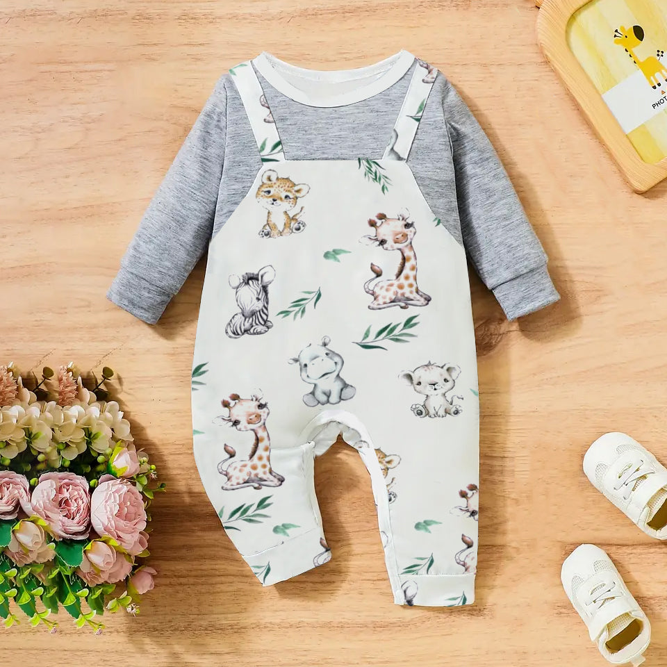 Stylish Cartoon Animal Printed Long Sleeve Baby Jumpsuit