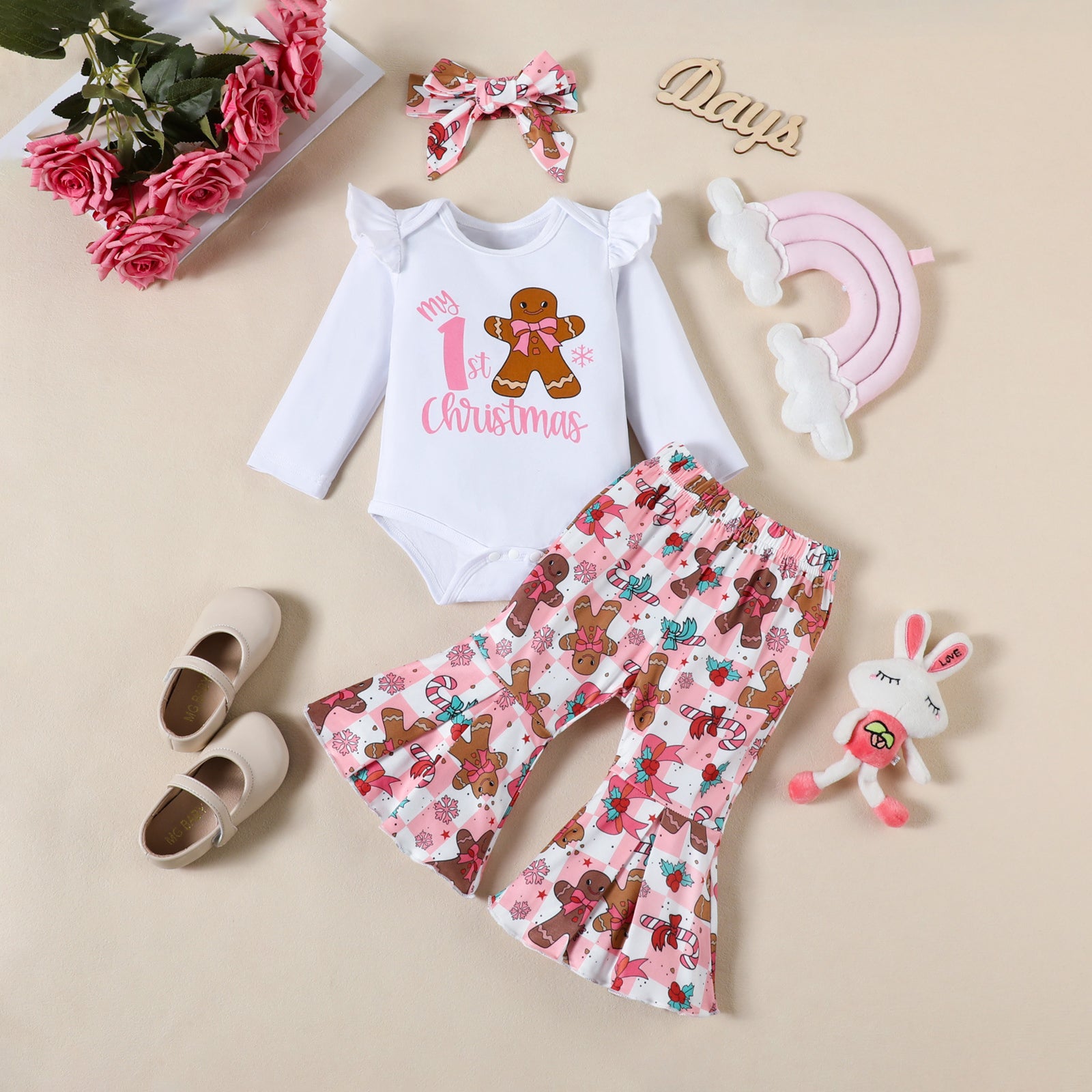 3PCS My 1st Christmas Letter Gingerbread Printed Baby Set