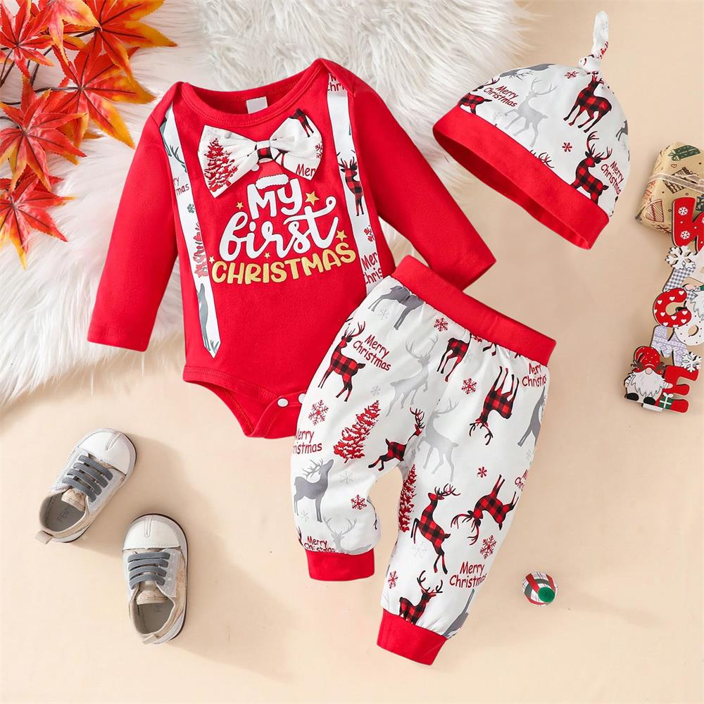 3PCS My First Christmas Letter Deer Printed Baby Boy Set