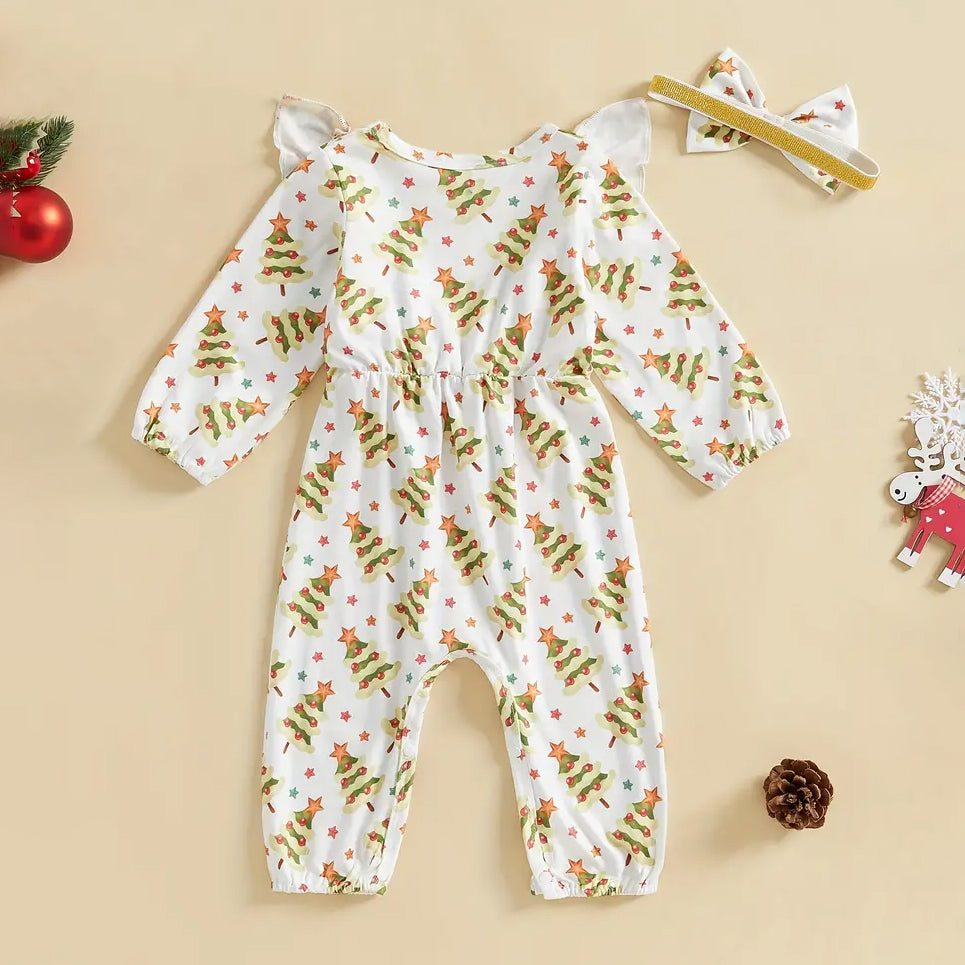 2PCS Christmas Tree Printed Bowknot Long Sleeve Baby Jumpsuit