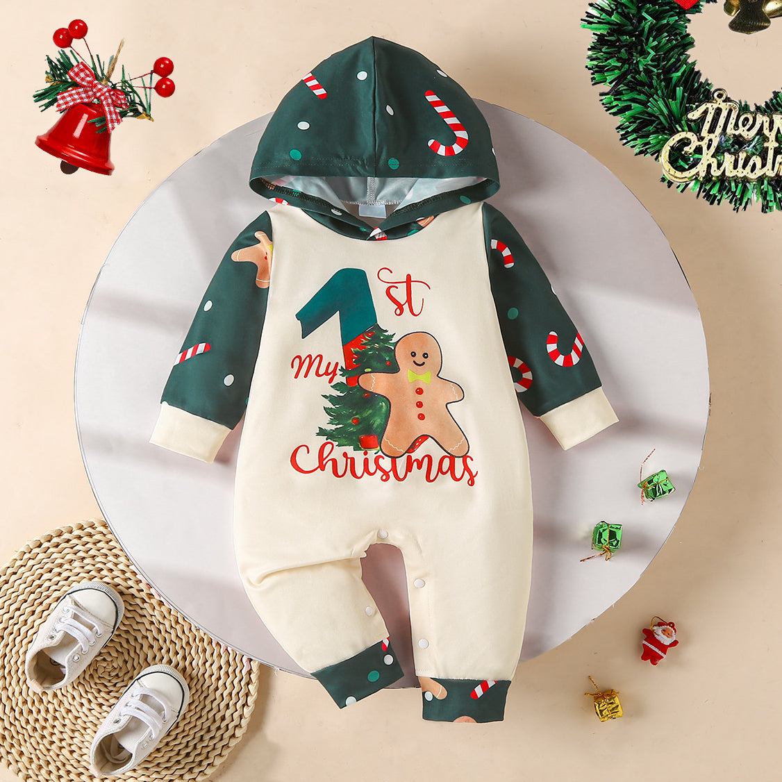 My 1st Christmas Letter Gingerbread Printed Hoodie Baby Jumpsuit