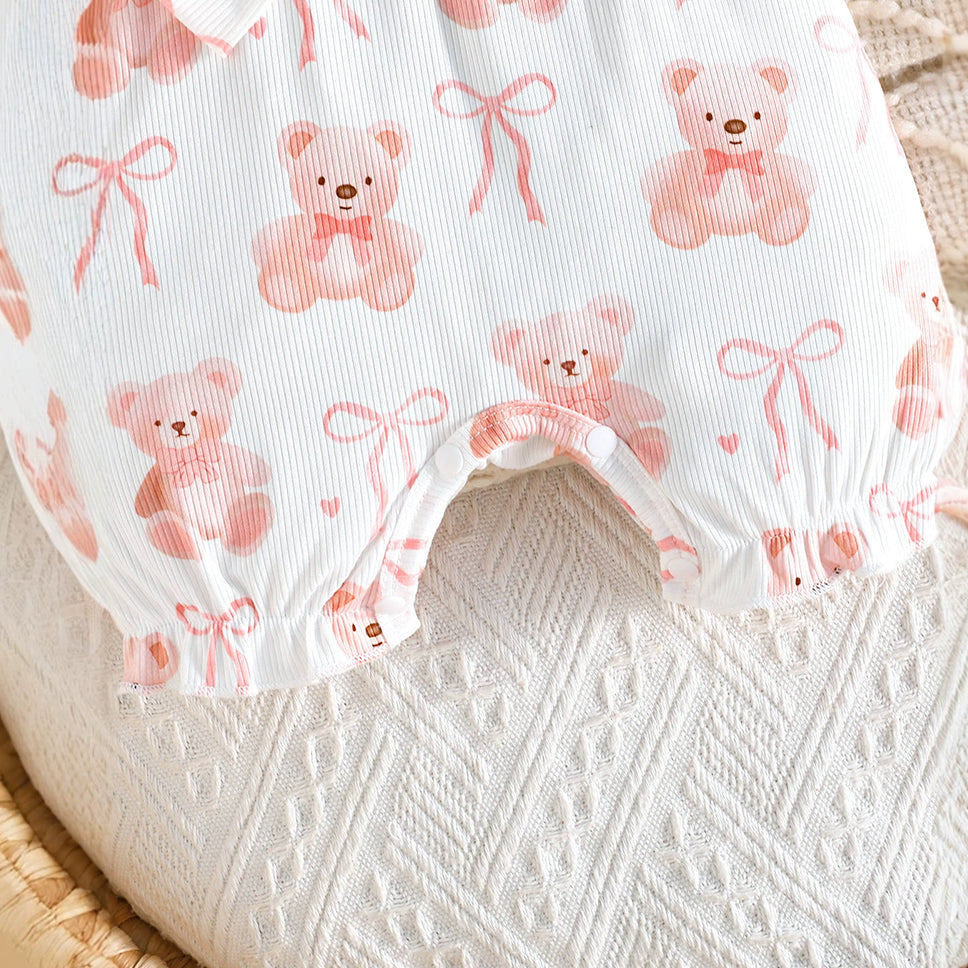 2PCS Baby Girl Teddy Bear Bow Print Faux Two Piece Short Sleeve Jumpsuit