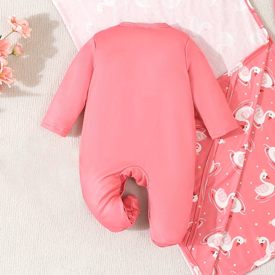 Cartoon Swan Printed Long Sleeve Footed Baby Jumpsuit