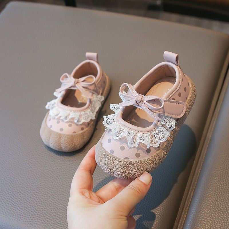 Sweet Lace Bow Polka Dot Hook And Loop Baby Shoes