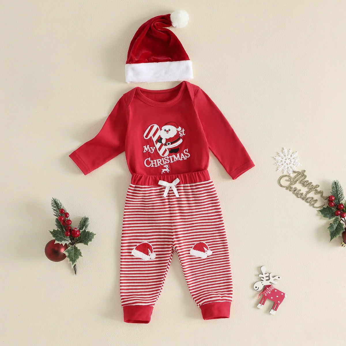 3PCS Cute My 1st Christmas Santa Letter Embroidery Striped Baby Set
