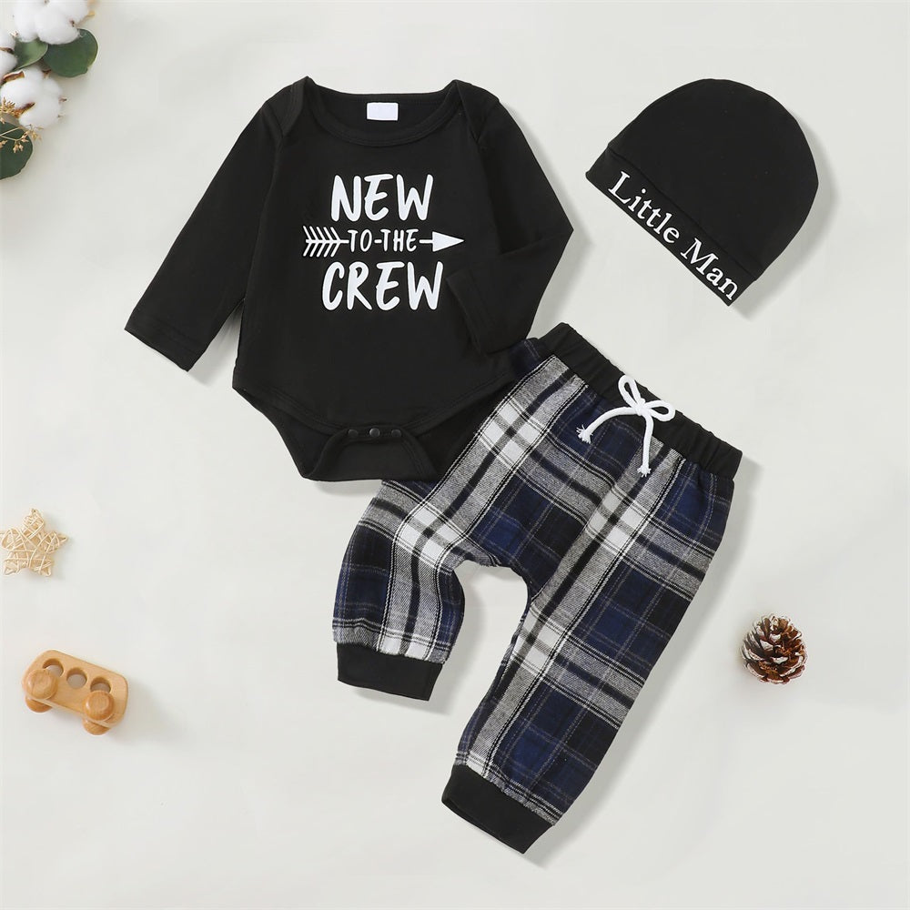 3PCS New To The Crew Letter Print Plaid Long Sleeve Baby Set