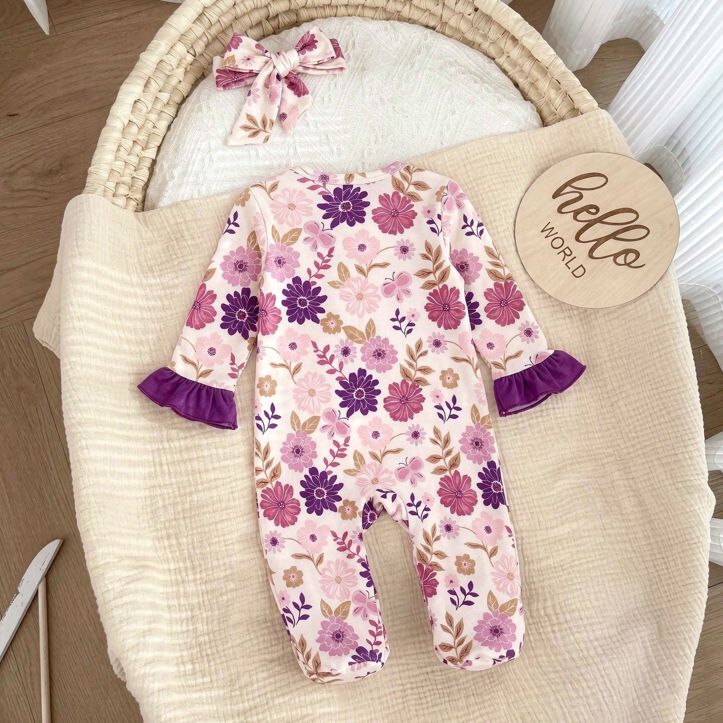 2PCS Chic Floral Printed Ruffle Zipper Long Sleeve Baby Jumpsuit