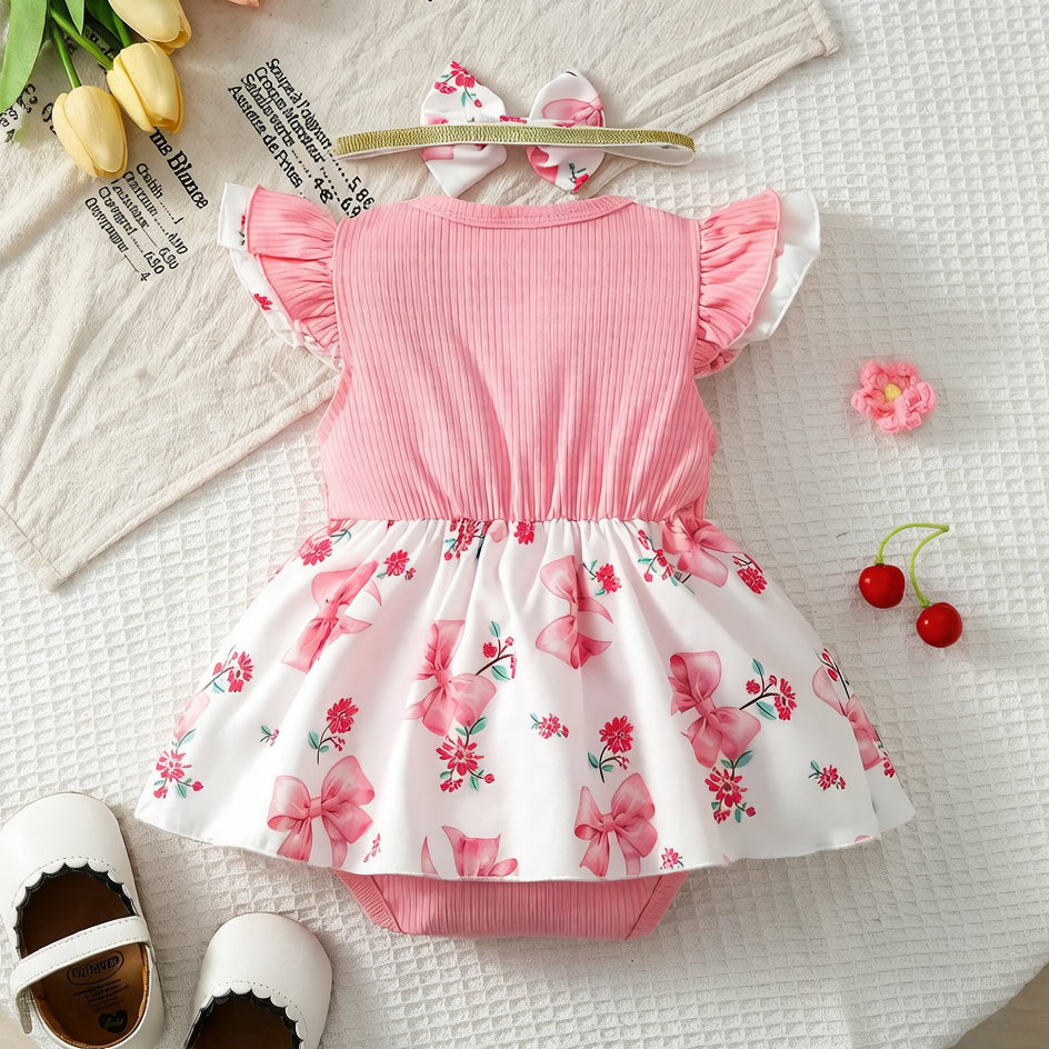 2PCS Fresh Floral Print Bow Flounce Sleeve Baby Romper